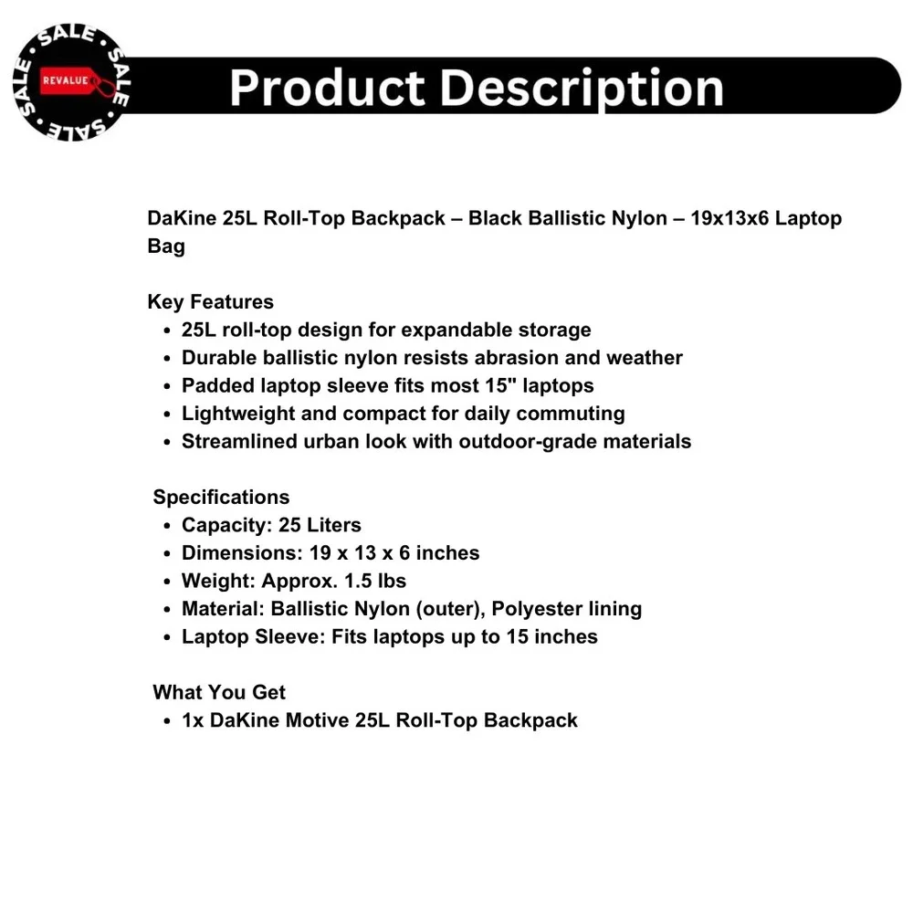 DaKine 25L Roll-Top Backpack – Black‎ Ballistic Nylon – 19x13x6 Laptop Bag